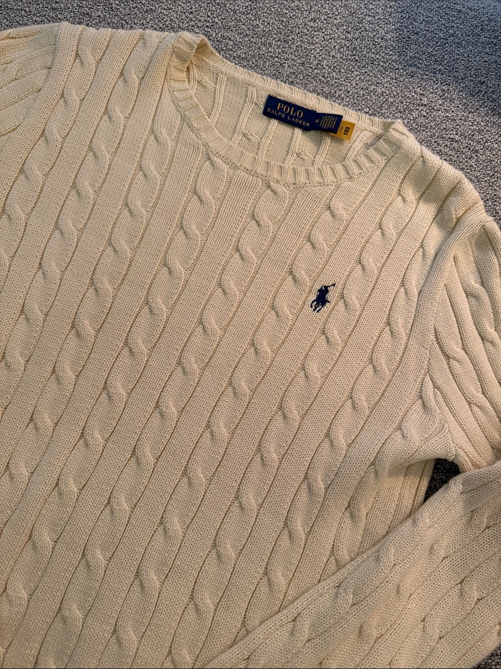 Polo by Ralph Lauren Cream Cable Knit Crewneck Sweater with Navy Pony - Picture 2 of 4